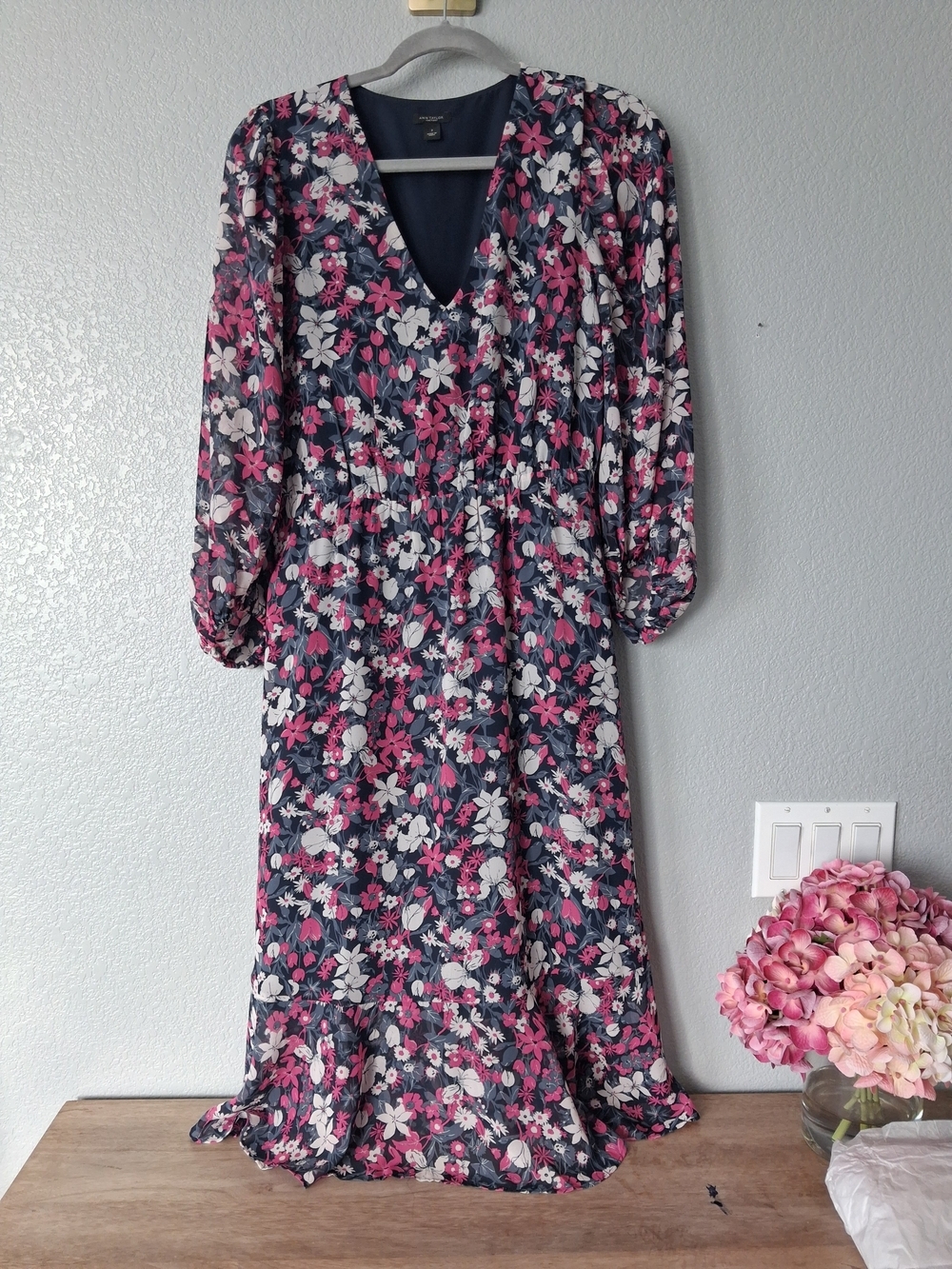 Ann Taylor Navy Floral Midi Dress with Pink and White Blooms